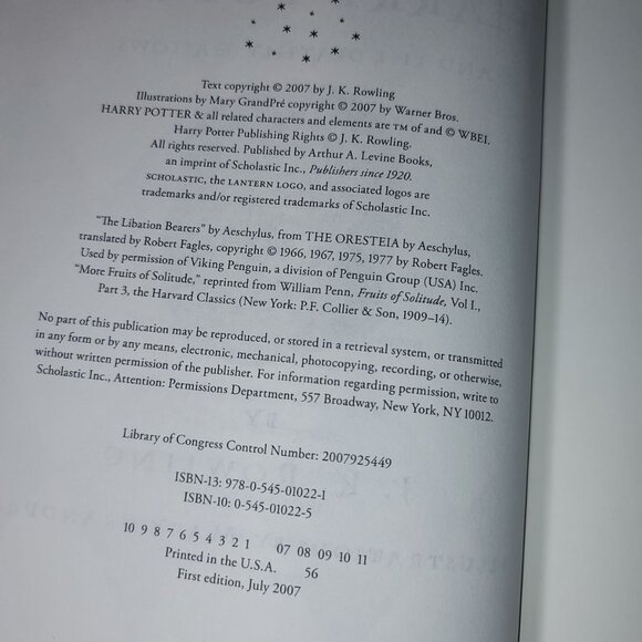 Harry Potter-The Deathly Hallows First Edition 2007 Hardcover by J. K. Rowling - Picture 10 of 11